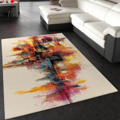 Paco Home Teppich Wohnzimmer Schlafzimmer Jugendzimmer Kurzflor Modern Vintage Abstrakte Muster, Grösse:120x170 cm, Farbe:Gelb-Weiß
