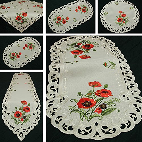 Quinnyshop Roter Klatschmohn Stickerei Tischdeckchen 30 cm Rund Polyester, Creme