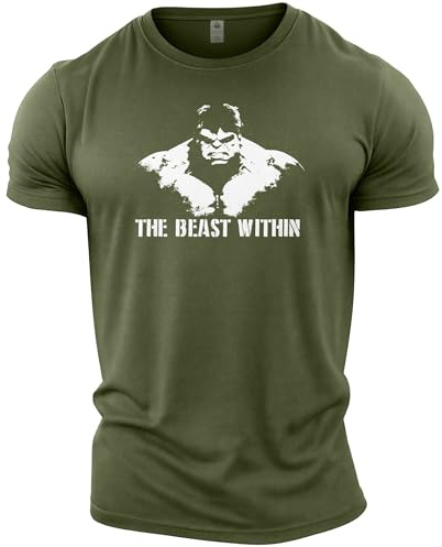 GYMTIER Beast Within Hulk - Men's Gym T-Shirt - Bodybuilding Workout Top, Military Green, M