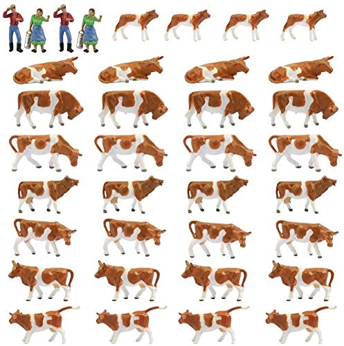 Farm Animals Figure Toys Set,AN8705 36PCS 1:87 Well Painted Model Cows and Figures for HO Scale Model Train Scenery Layout Miniature Landscape NEW