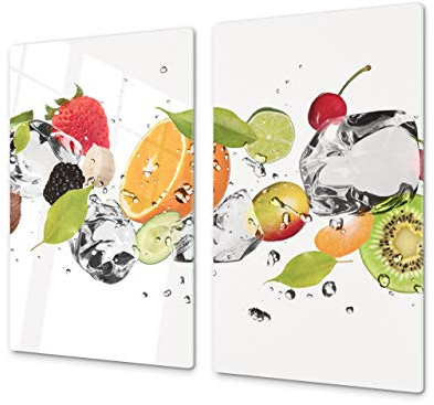 Tabla de cocina de vidrio templado - Tabla de cortar de cristal resistente – Cubre Vitro Decorativo – UNA PIEZA (60 x 52 cm) o DOS PIEZAS (30 x 52 cm); D07F Frutas y verduras