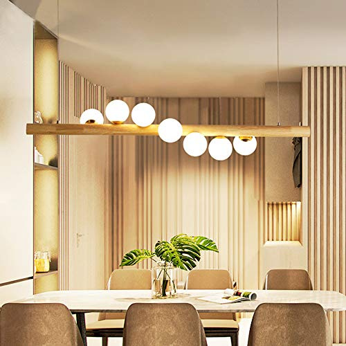ENXING LED Pendelleuchte Holz Pendellampe Hängelampe Hängeleuchte Höhenverstellbar Kugel Aus Glas Pendellampe Mit G9 Leuchtmittel Retro Deckenleuchte Für Esszimmer (7-Flammig) Kronleuchter
