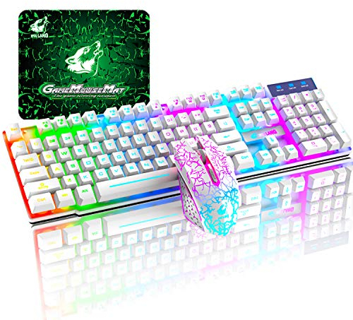 T3 Drahtlose Tastatur Maus Combo, Regenbogenbeleuchtete 2,4 G wiederaufladbare mechanische Feel Tastatur + 2400DPI 6 Tasten Optische Rainbow LED-Maus + kostenlose Gaming-Mauspads (weiß)