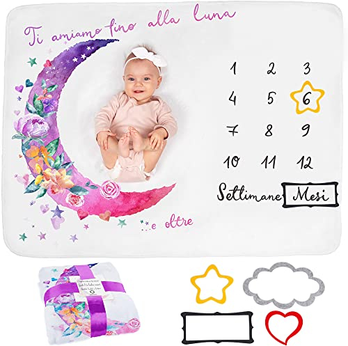 ODOXIA Coperta Mesi Neonato In Italiano | Tappeto Per Maschio O Femmina, Unisex | Luna E Fiori | Copertina Regalo Baby Shower Personalizzato Per Neomamme | Incluse Cornici