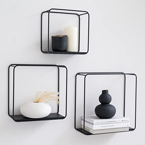 Kazai. Wandregal-Set -Jona- | 3-Teiliges Hängeregal aus Metall und Echtholz-Veneer | Wanddeko und Ablage für Bad, Wohnzimmer, Küche, Schlafzimmer und mehr | Schwarz matt