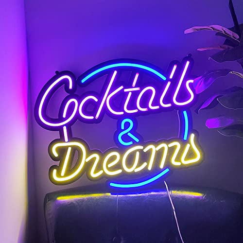 WangXLDD Neon Light Coktails & Dreams Letters Neonschild, personalisierte Neonschilder für Hochzeit, Geburtstagsfeier oder Bar-Restaurant-Logo, leuchtende LED-Neonlichter für die Wanddekoration