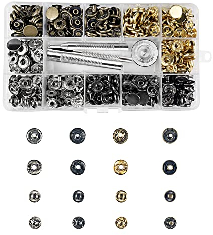 Gvolatee 120 Kupfer Druckknöpfe Metall Kit, Druckknopf Set mit Fixierwerkzeug Kit, Bronze Kleidung Snaps Taste, Ledernieten für Leder Handwerk, Jacke, Brieftasche, Handtasche (4 Farben, 12.5 mm)