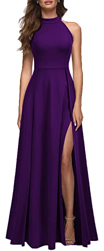MUSHARE Women's Halter Neck Sexy Split Cocktail Party Maxi Long Formal Dress Purple