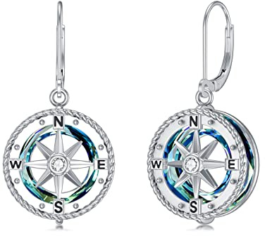 VONALA Kompass-Ohrringe für Damen Sterlingsilber Ozean-Kompass baumelnde Ohrringe mit kreisförmigem Kristall Abschluss-Schmuck Geschenke für ihre Tochter Frauen, Studenten