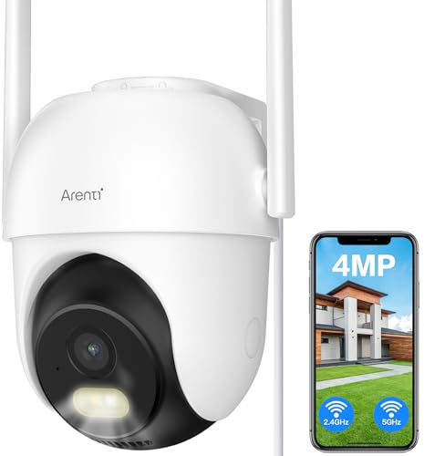 ARENTI 2,5K/4MP Telecamera Wi-Fi Esterno 2,4GHz&5GHz, 355° Telecamera Sorveglianza Esterno, Visione Notturna Colori, IP65, Allarme Sonoro/Luminoso, Audio Bidirezionale, Tracciamento Automatico