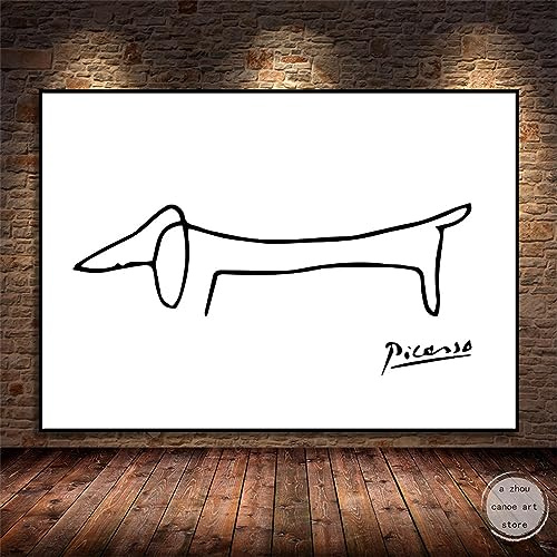 Picasso-Dackel-Hund, minimalistische Kunst, abstrakte Linie, Leinwandgemälde, schwarz gerahmt, Drucke, Bild für Wohnzimmerdekoration, 60 x 115 cm/24 x 45 Zoll mit schwarzem Rahmen