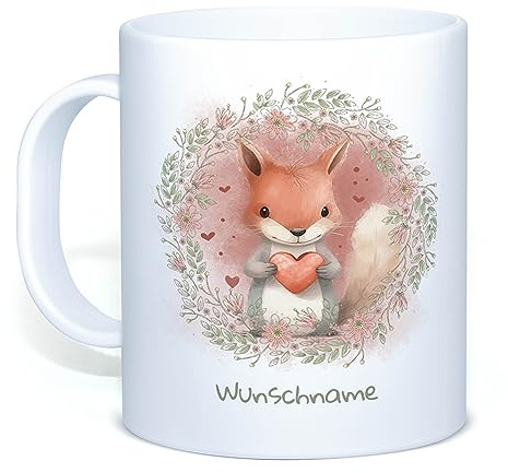 Tassendruck Kinder-Tasse mit Tiermotiv Eichhörnchen - Wunschname selbst gestalten - Für Mädchen & Jungen, Kindergeschenke - BPA-freie Kunststoff-Tasse, 300 ml | Personalisiertes Geschenk für Kinder