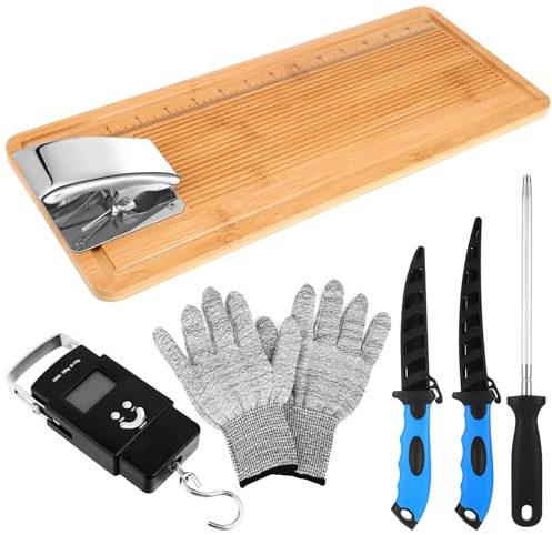 Leriton 6 Pcs Fish Cleaning Kit - Include Cutting Board, Fillet Boards, Knife, Gloves, Scale, Sharpening Rod - Easy Filleting