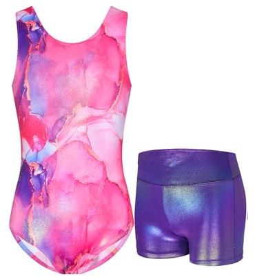 Nokecina Girls Gymnastics Leotards with Shorts Size 6-7 Years Old Purple Gold Gym Outfit Shiny Tumble Class Bodysuits