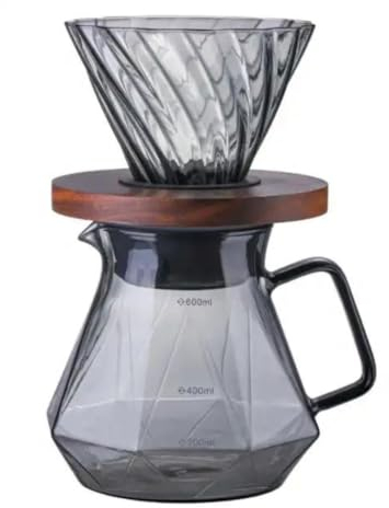 Pour Over Kaffeebereiter, 600 ml Borosilikat Glaskanne Set, Walnusshenkel, Kaffeemaschine filter, Restaurant und Camping, 1 bis 3 Tassen