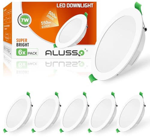 ALUSSO LED Einbaustrahler 7W 230V, 500lm Warmweiß 3000K Ultra flach Deckenstrahler, Einbauspot 90-100mm, IP44 Ultra flach Deckenspots für Badezimmer Wohnzimmer Küche, 6er Set