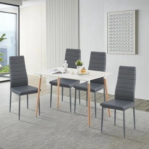 FURNITABLE Esstisch mit 4 Stühlen Esszimmergruppe, Essgruppen für 4 Personen, 4er Set Esszimmerstühle mit Rechteckig Küchentisch für Wohnzimmer Küche Büro (Weiß Tisch+4 Grau Stühle)