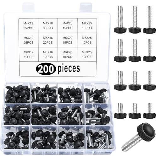 200 Stück Flache Rändelschrauben Set, M4 M5 M6 Rändelschraube mit Gewinde Schrauben mit Griff, Befestigungsschrauben, Runder Kopf Rändelschrauben Griffknöpfe Klemmknopf für Werkzeugmaschine