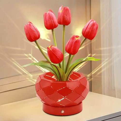 JHXLAMP Regalos de cumpleaños para mujeres, lámpara de flores de tulipanes, lámpara táctil, luces alimentadas por pilas, luz nocturna pequeña de atenuación de 3 colores, regalos para mamá para el día