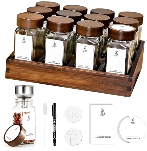 SAEIV SIAZIH Scaffale per Spezie in Legno di Acacia 12 Scomparti, 12 Barattoli per Spezie in Vetro Borosilicato 120ml, 90 Etichette in Tedesco, Scaffale per Spezie da Cucina, Organizzatore per