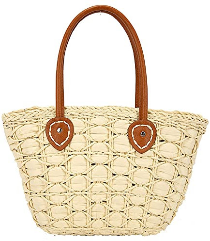 AYKANING Capazo Playa,Bolsos De Mimbre Hebilla de Hierba Mommy Bag Hand para Hacer un Paquete de Hombro Falso del Paquete de la Playa de Gran Capacidad.(White)