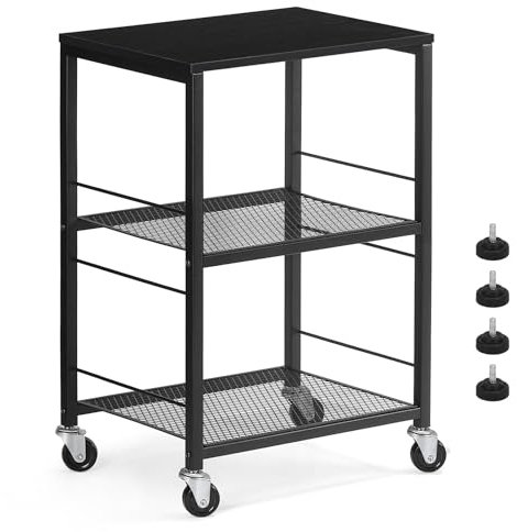 Nandae 3-Tier Side Table, Bedside Table Nightstand, Sofa Side Table with Wheels, Industrial Occasional Table, End Table with Metal Frame and Mesh Shelves for Bedroom Living Room