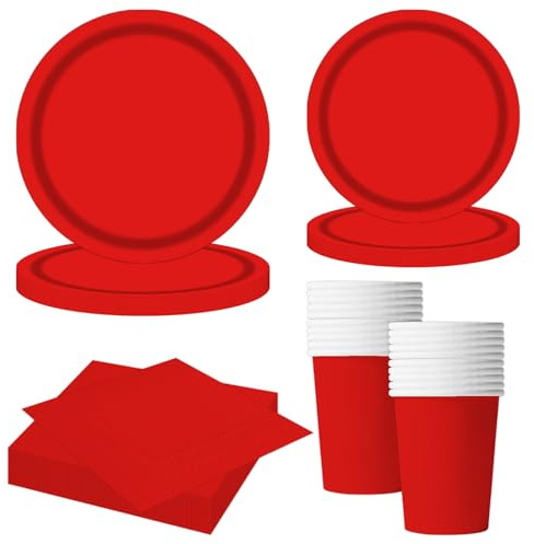 MORAINJAY 68-teiliges Rot Pappgeschirr Set, Rot Pappteller Pappbecher Servietten, Deko Partygeschirr für Geburtstag, Weihnachten, Valentinstag, Abschlussfeier, Party Supplies