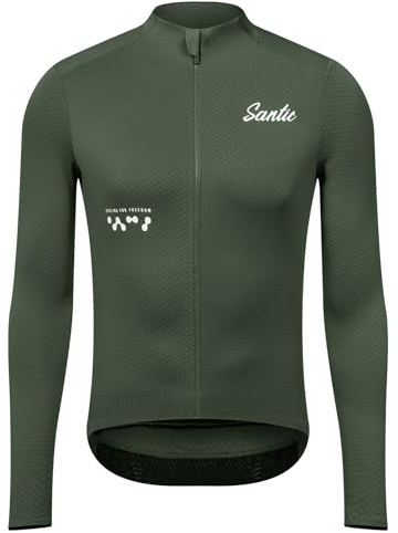 Santic Fahrradtrikot Herren Radtrikot Langarm Slim für Frühling Herbst Rennrad MTB Thermo Trikots Armeegrün L