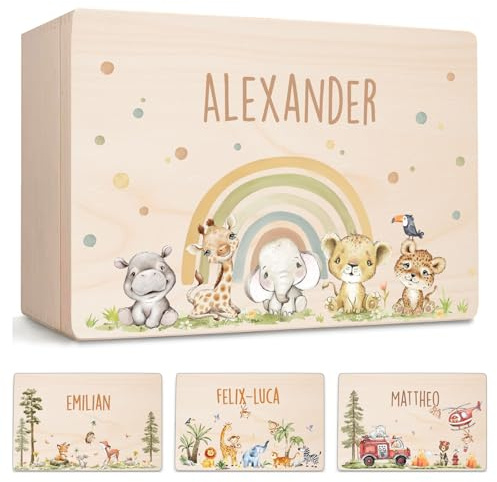 Little Deco Personalisierte Baby-Erinnerungskiste aus Holz | L - 40 x 30 x 22 cm | Tiere & Regenbogen Geschenk zur Geburt Taufe Geburtstagsgeschenk für Mädchen & Jungen XHL1016-01L