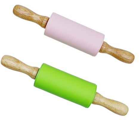 GDJIAJT 2 mattarelli in silicone con manico in legno, 23 x 4,2 cm, mattarello in silicone, superficie antiaderente per bambini, mattarello per bambini, per cuocere torte, pizza, fondente