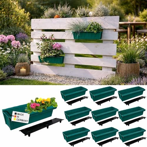BURI 10 inserti per fioriere per pallet europei con sottovaso incluso | con sistema di sospensione per appendere | 37,3 cm Verde | Fioriera per pallet europeo | Vaso da balcone | Vaso per fiori |