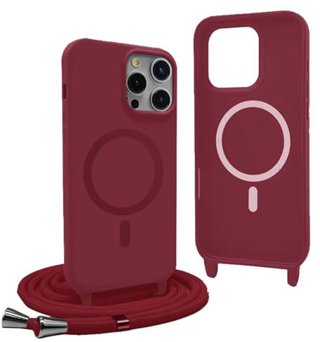 YFSYLL Handykette Hülle für iPhone 12 Pro mit Band,Magnetische Silikon Handyhülle Kompatibel mit MagSafe,Handyhülle für zum Umhängen Einstellbar und Abnehmbar - Rot