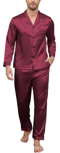 TeJoyce Mens Silk Pyjamas Set Satin Pyjamas for Men Long Sleeve and Pants PJs Button Down Nightwear Loungewear with Pockets Burgundy