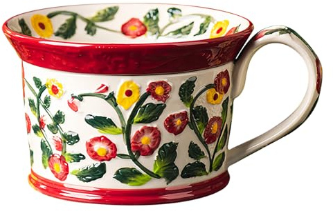 Dowbom Ceramic Soup Mug With Lid, 700ml Small Soup Bowl, Flower partten Coffee Mug Microwave Safe (Red with Lid)