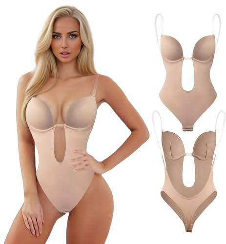 Fiohiros Strapless Shapewear Bodysuit for Women Tummy Control,Waist Tightening Clear Bra Straps with Deep V-Neck Backless Bra for Parties,Homewear (Beige, M)