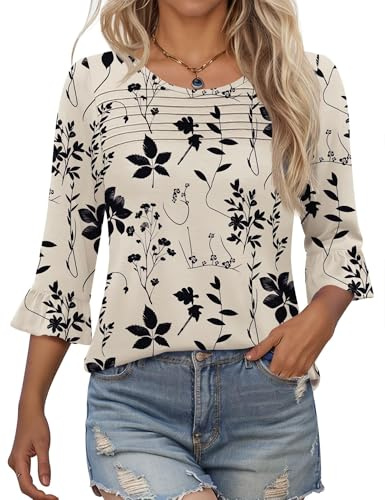Kistore Womens 3/4 Sleeve Floral Blouses Shirts for Women Trendy Ruffle Dress T-Shirts Tunics Business Casual Work Tops Large