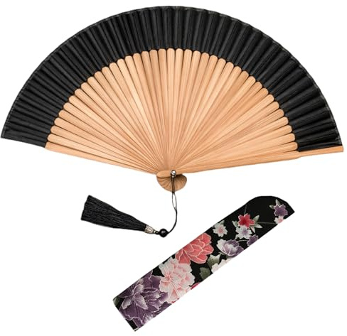 BbiuRer Handfächer, Fächer Schwarz für Damen, Traditioneller Chinesischer Faltfächer mit Tasche, Elegante Fächer für Hochzeiten, Tanzpartys und Kulturelle Veranstaltungen,mit Aufbewahrungsbeutel