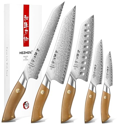 HEZHEN Ensembles de Couteaux de Cuisine Damas,Set de Couteaux de Chef Professionnels en Acier Damas Couteau Santoku, Manche Confortable