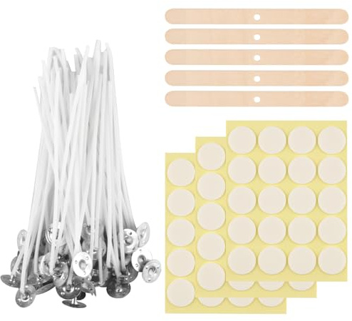 VARHHUXHA Candle Wicks, 100pcs, 5cm, Cotton, Pre Waxed, with Holders | Perfect for container candles, votives, tealights and DIY candle crafts at home or in workshops.