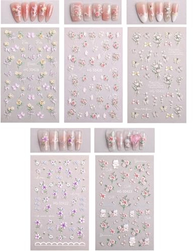 Femnow Nagelsticker Selbstklebend Blumen Nageltattoos, Nagel Sticker Nagelaufkleber 5D Stereoskopisch Frühling Sommer Dekoration Nageldesign Zubehör Nailart Sticker 5 Blatt