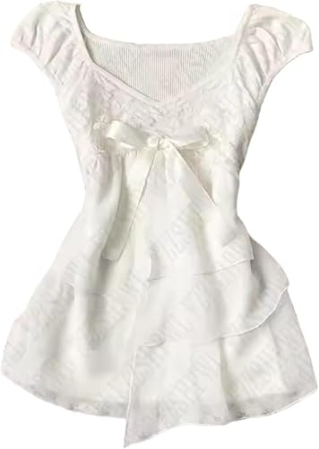 Coquette Ruffle Tops Women Cute Summer Lace Peplum Babydoll Top Teen Girls Y2k Grunge 2000s Cottagecore Clothing (M,White Bow)