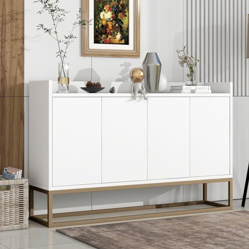 FEEOHOME Sideboard, Aufbewahrungsschrank mit Metallbeinen, Küchenmöbel mit 4 Türen und verstellbaren Regalen, Küchenschrank 120 x 30 x 80 cm für Esszimmer, Wohnzimmer (weiß)