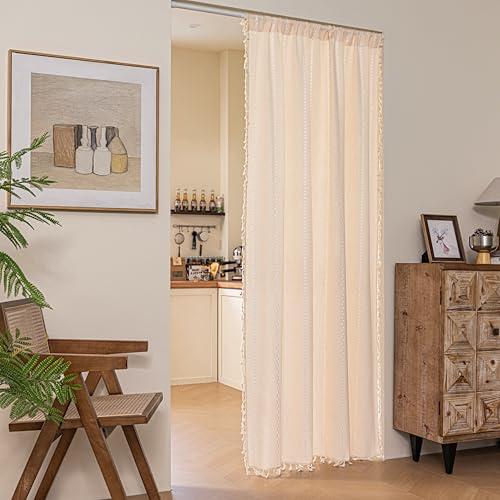 Sutuo Home Boho Sliding Door Curtains, Bohemian Semi Blackout Curtains Tassels Privacy Embroidery Stripes Decor Temporary Room Dividers for Door Window Hallway,Rod Pocket 1 Panel 37 W x 80 L,Beige
