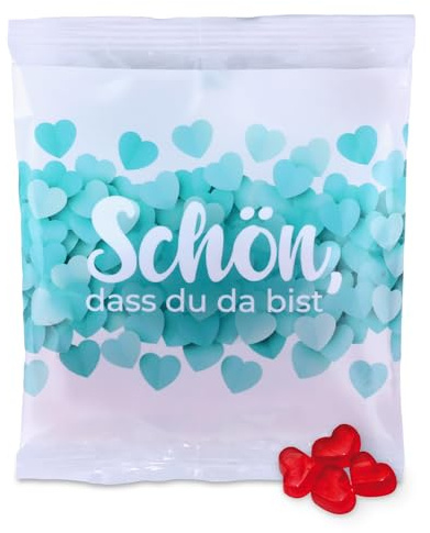 Fruchtgummi Herzen 5er Pack à 50 g – Schön, dass du da bist – leckere Trolli Gummiherzen-Tüten mit 10% Fruchtsaft – perfektes Dankeschön, Gastgeschenk oder Mitgebsel für jeden Anlass