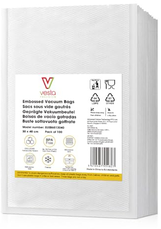 Vesta Precision Bolsas de Sellado al Vacío Gofradas para Cocinar y Envasar | Bolsas Gofradas sin BPA y 30% Menos de Plástico, Aptas para Microondas, Congelador y Sous vide | 100 Unidades de 30x40 cm