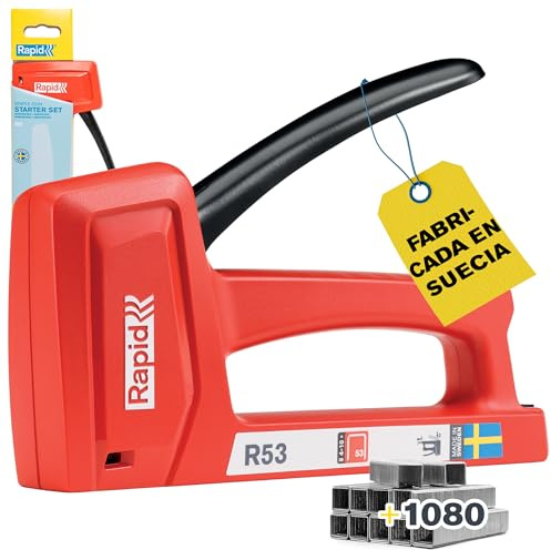Rapid R53 Grapadora Manual Ligera para Madera y Tapicería, con 1080 Grapas n.53 Incluidas, Grapadora de Pared, Grapadora para Tapicería con Mango Ergonómico e Interior de Acero, Fabricado en Suecia