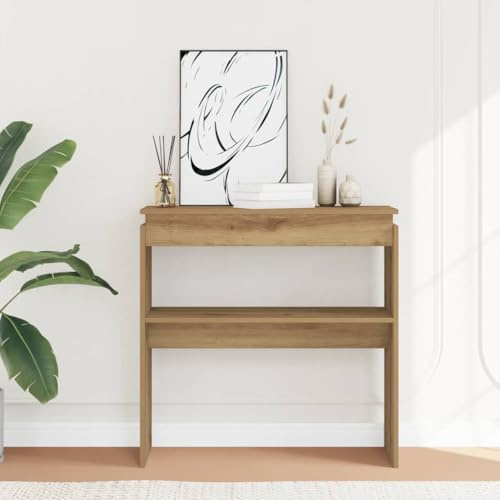 Mokuyary Table console en chêne artisanal, 80 x 30 x 80 cm, en matériau dérivé du bois, étroite, avec étagère, table d'appoint, table d'appoint, table d'entrée, canapé pour salon, entrée, couloir