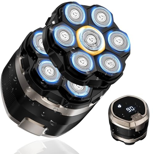 YINICARE® Rasoio 7D per uomini calvi con 2 testine galleggianti di ricambio magnetiche, impermeabile, a umido e a secco, rasoio elettrico rotante, rasatura liscia, lunga durata della batteria, display