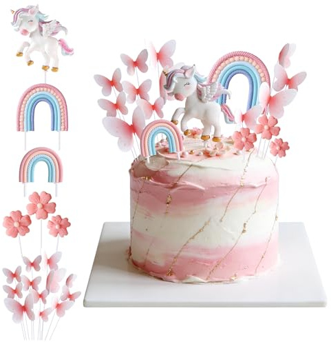 18 Pezzi Decorazione per Torta Unicorno,Decorazione Torta Unicorno | Decorazioni Cake Topper Compleanno Festa,Unicorni Arcobaleni Fiori Farfalle