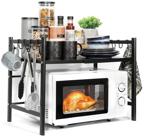 Estante para Microondas Ajustable de 2 Niveles, Soporte de Cocina Expandible en Acero al Carbono con 1 Soporte para Utensilios, 8 Ganchos, Ahorro de Espacio y Organizador de Encimera (Redondo)